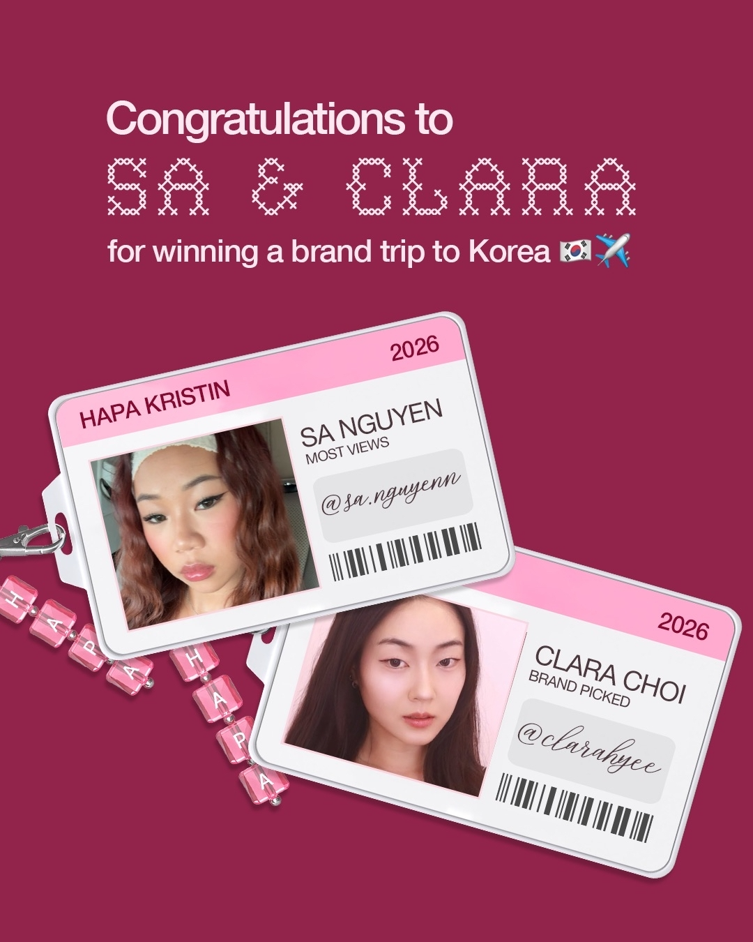 Congratulations to Sa Nguyen and Clara Choi for winning a 2026 Hapa Kristin brand trip to Korea